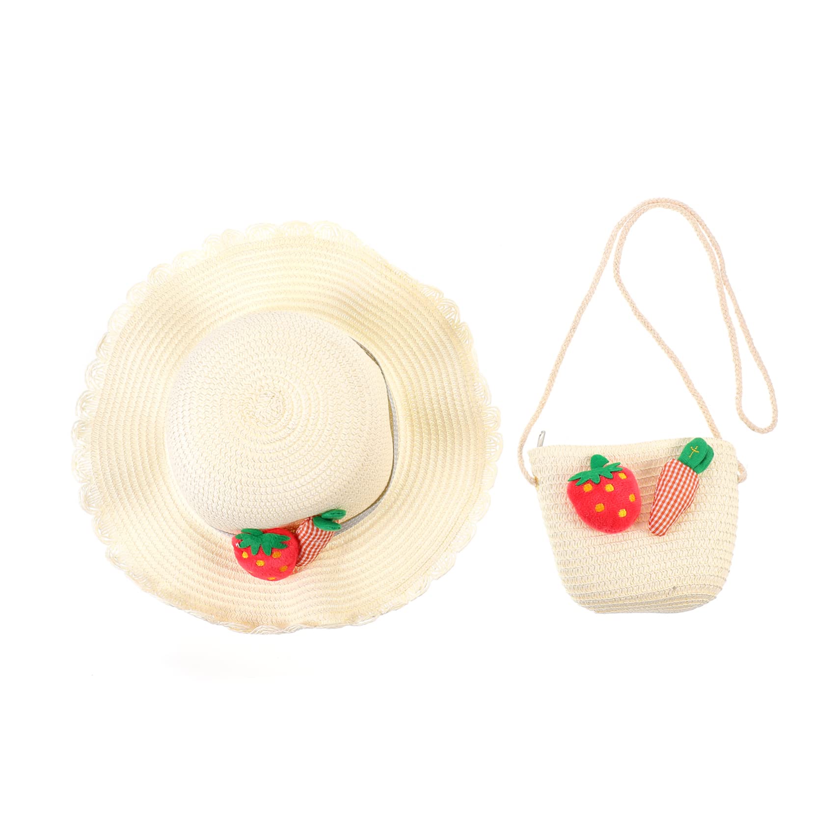 Sombrero de Paja para Niños 1 Set, Paja Beige, Estilo Lovely | Bolsa de Paja para Niños, Decoraciones de Zanahoria y Fresa, Celebracion Verano, para Viajar y Trabajar