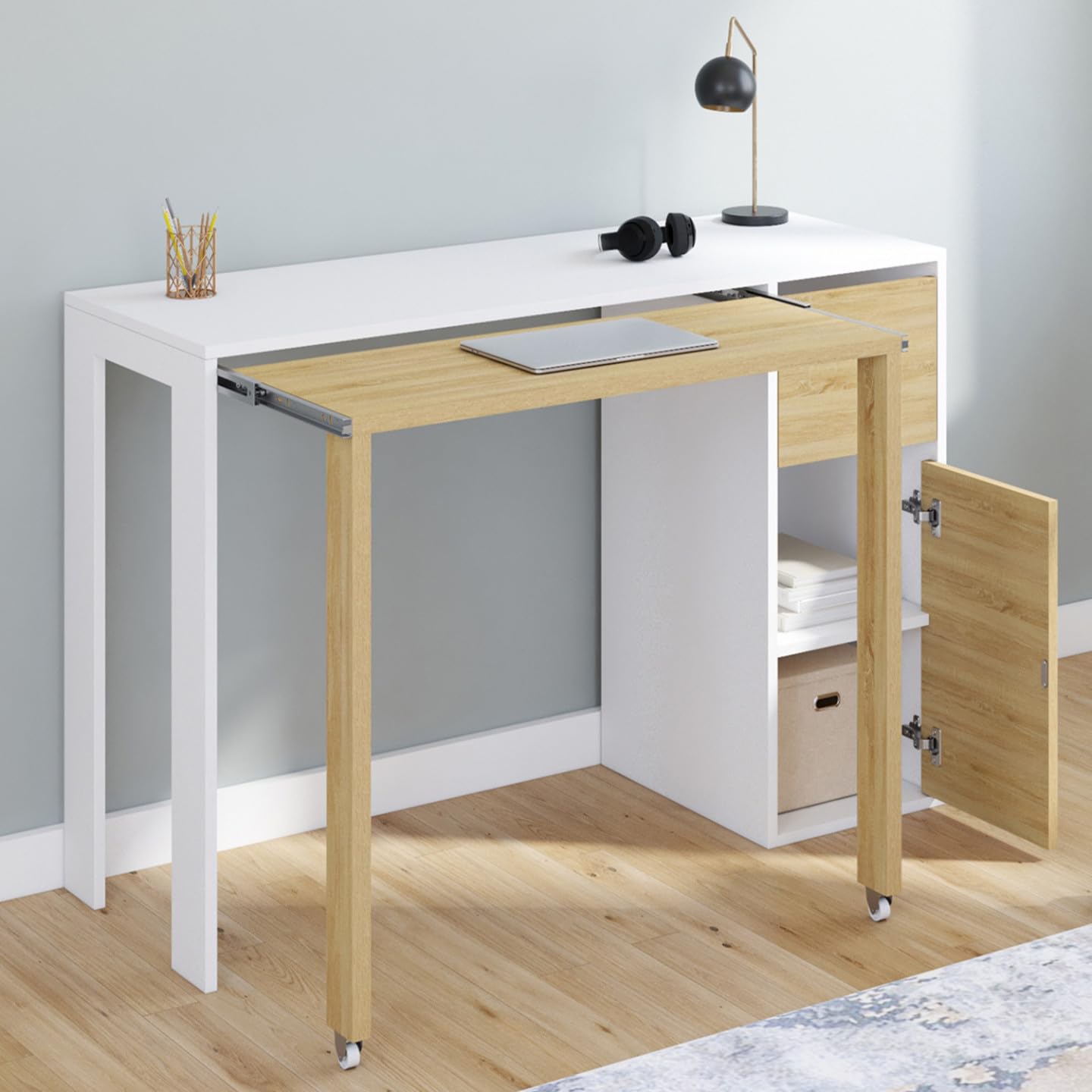 IDMarket - Bureau Extensible Ron avec Colonne de Rangement tiroir et Placard Blanc et Bois