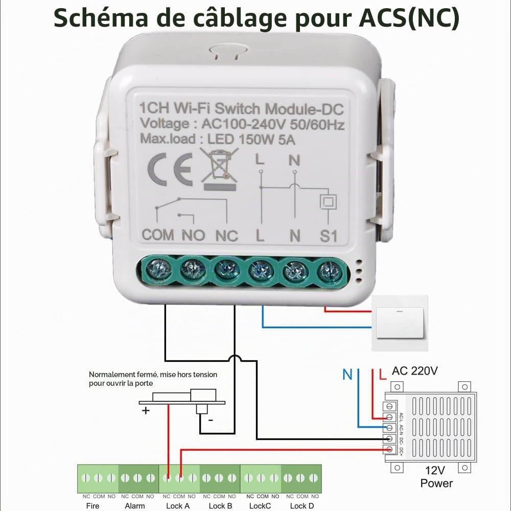 Interrupteur Wi-Fi intelligent Jog/Relais sans fil, 1 canal DC 12/24 V AC 100-240 V, application Tuya/télécommande Smartlife, contact sec, module compatible avec Alexa et Google (3)