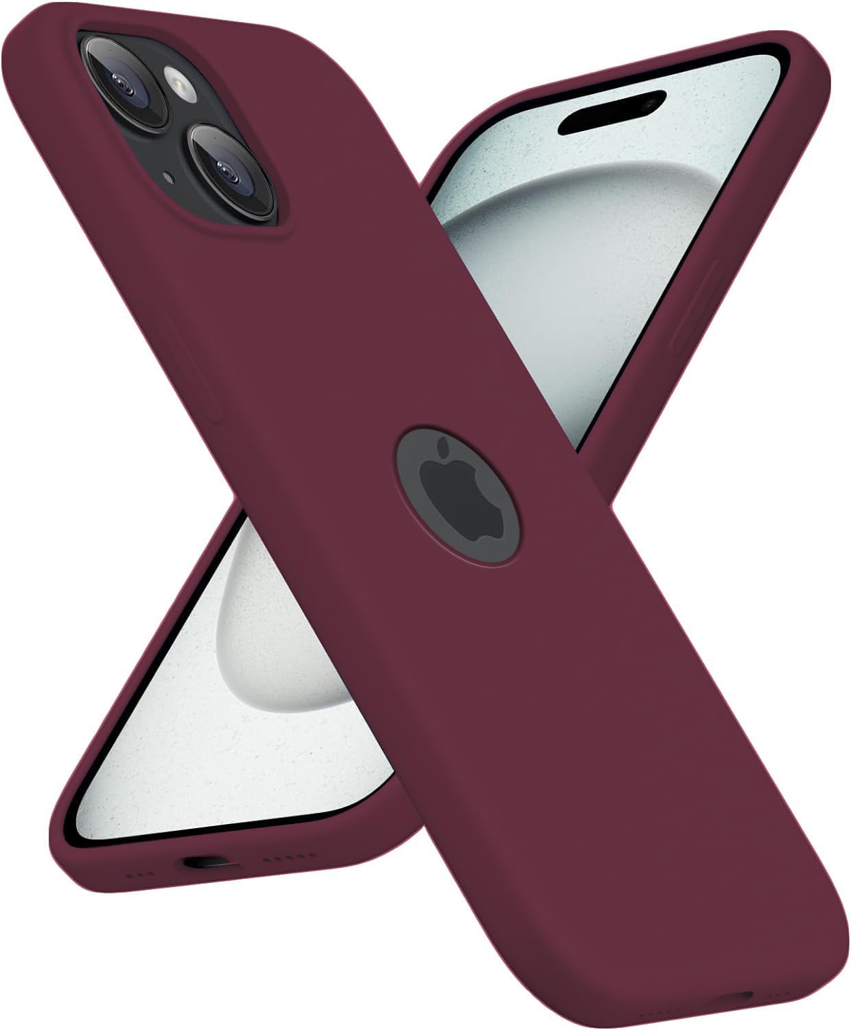 Elzzi Microfiber Logo Cut Cover Compatible for iPhone 15 Case Liquid Silicone Covers Shockproof Back Cover with High Raised Camera Lips - Wine Red