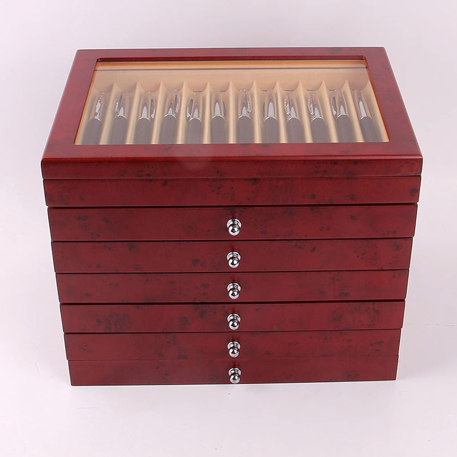 Scatola organizer per penne stilografiche a 7 strati, 78 scomparti, in legno, con coperchio in vetro, vassoio portaoggetti per collezione di penne