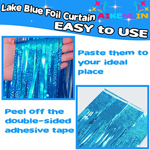 Image of 4 Pack 3.2Ft x 8.2Ft Lake Blue Foil Fringe Curtain Backdrop, Metallic Tinsel Foil Fringe Streamers Curtains Background for Photo Booth, Birthday, Wedding, Disco, Bachelorette, Christmas Party Decor