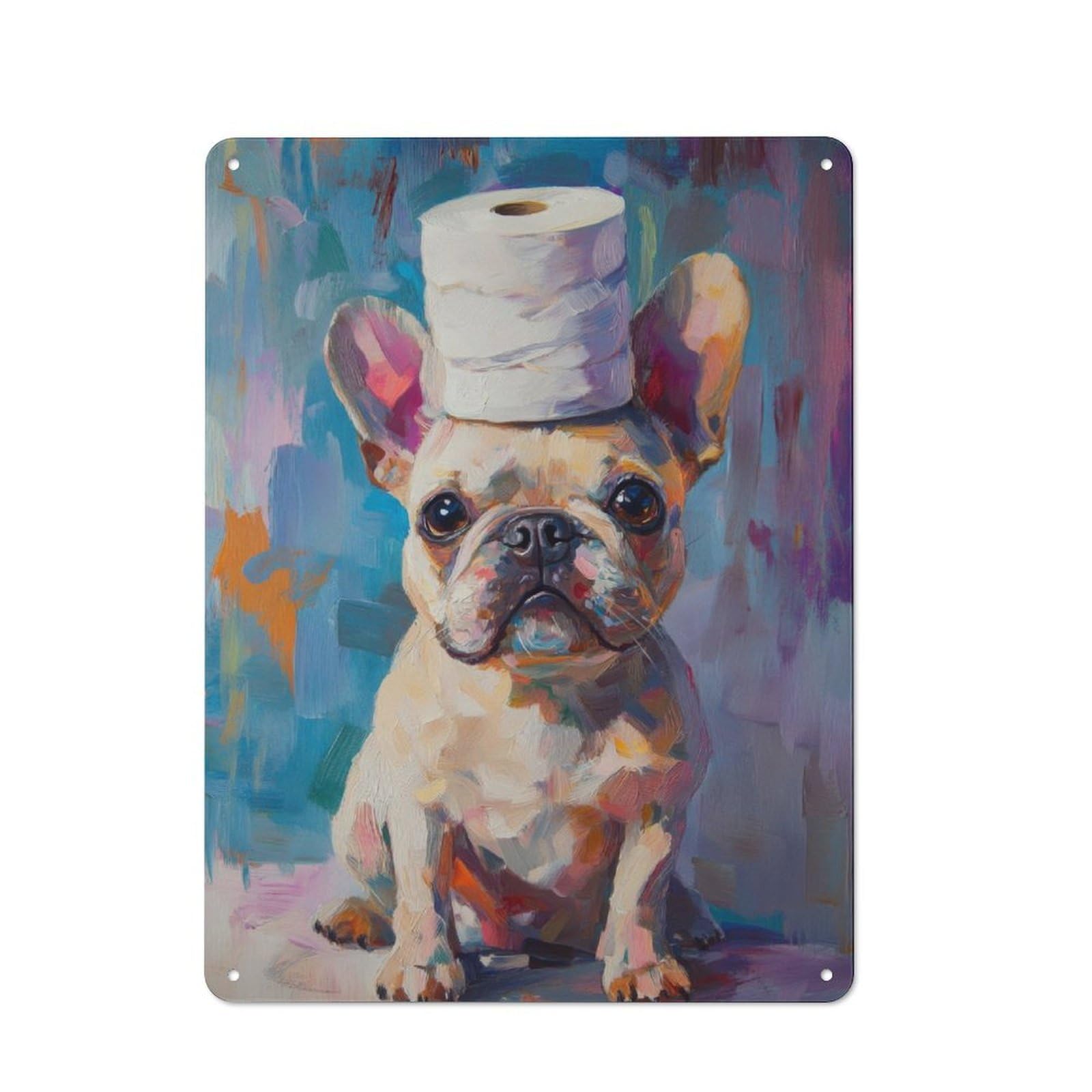 Junmoney French Bulldog With Toilet Paper Hat Rustic Metal Sign With Design 40X30cm, Farmhouse Farmhouse Wall Decor For Dining Room, Cafe, Entryway Or Family Room