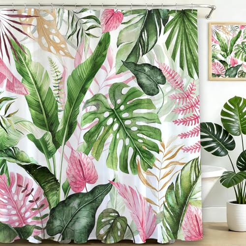 Mocsicka Tropical Summer Shower Curtain, Monstera Leaves Plant Bathroom Curtain for Shower, Waterproof Machine Washable Set with 12 Hooks (Multicolor, 71x71inch)