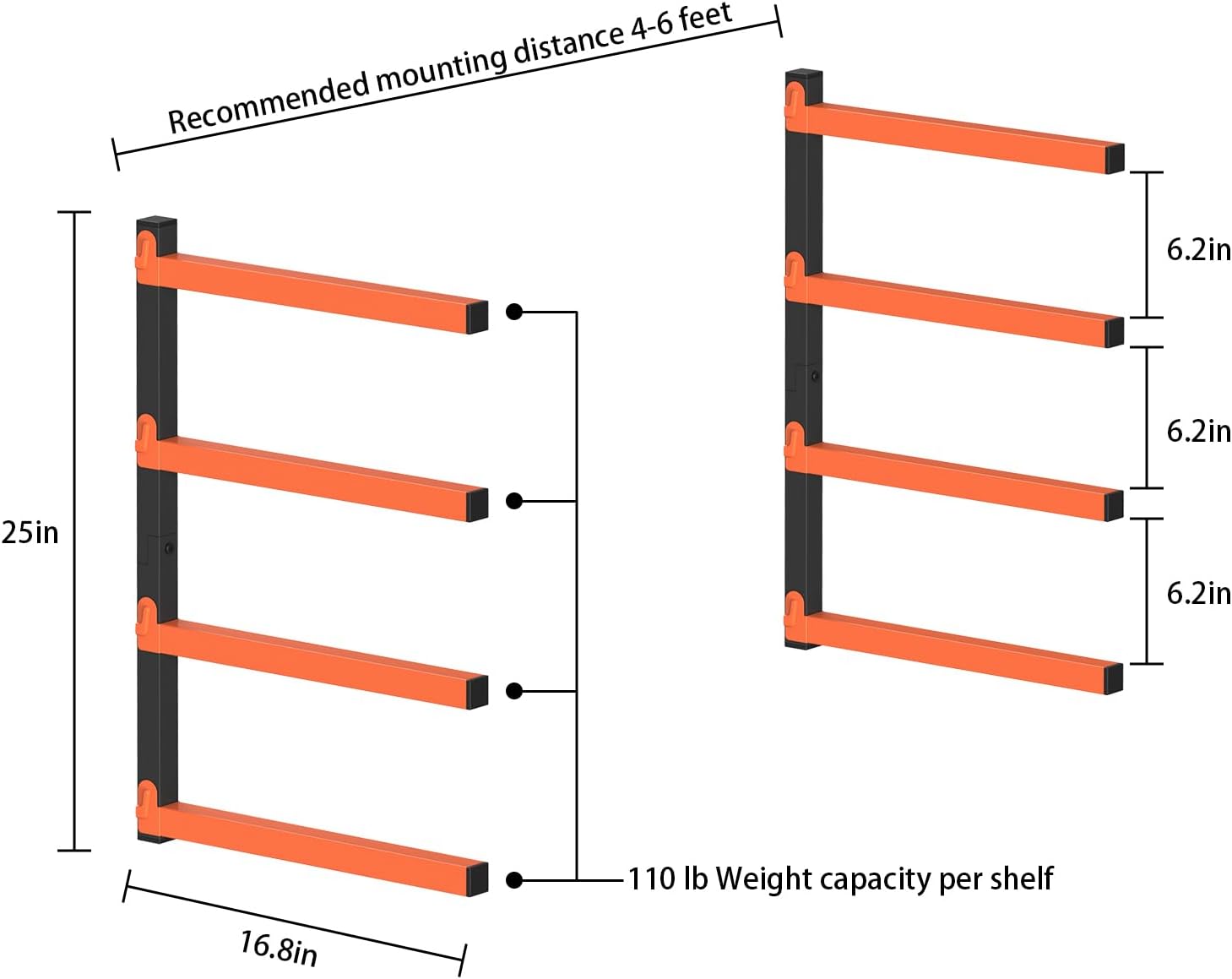 PINPON 4-Pack Heavy Duty Wall Mount Lumber Storage Rack, 4-Level Snap-Fit Wood Organizer with 16.8” Arms & 6.2” Shelf Spacing, 110 lbs Per Tier, for Garage & Workshop Indoor Outdoor Use, Black+Orange