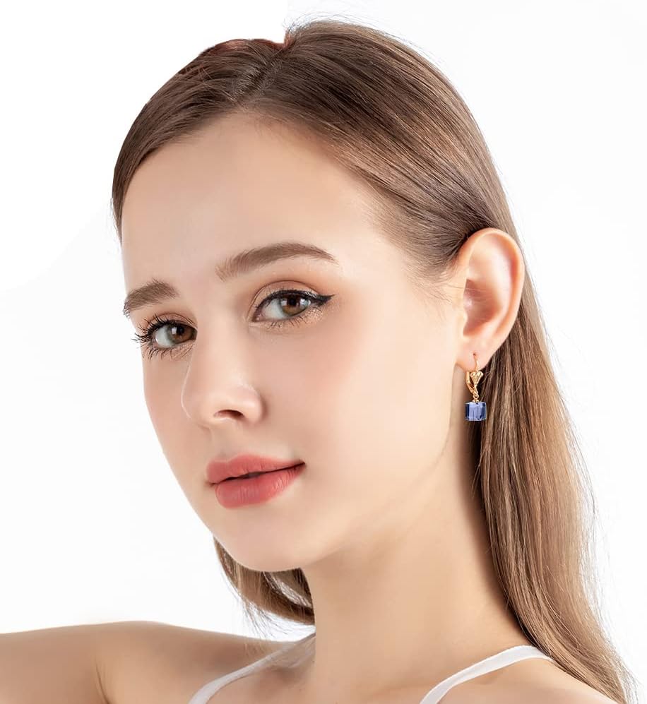 Austrian Crystal Cube Drop Earrings for Women Leverback Dangle Earrings 14K Gold Plated Hypoallergenic Jewelry - Image 6