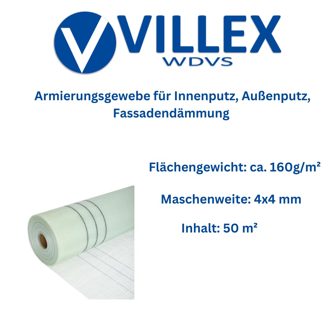 Armierungsgewebe Innen und Außen 50m² - Starkes 160g/m² Glasfasergewebe für Innenputz, Außenputz, Fassadendämmung - Armierungsgewebeband Glasfaser Gewebe - Armierung Putzgewebe Innen & Aussen