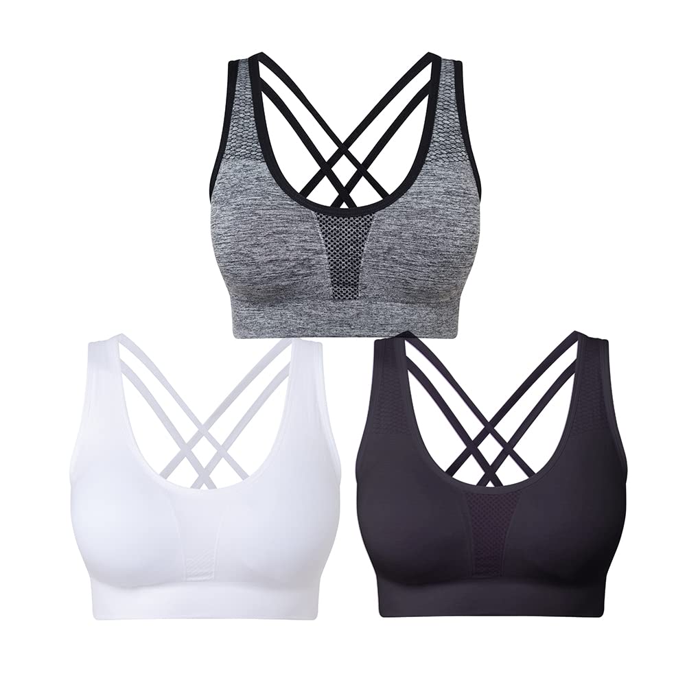 Women’s Sports Bras 3 Pack Crisscross Back Yoga Bras Medium Support Workout Bras with Removable Pads