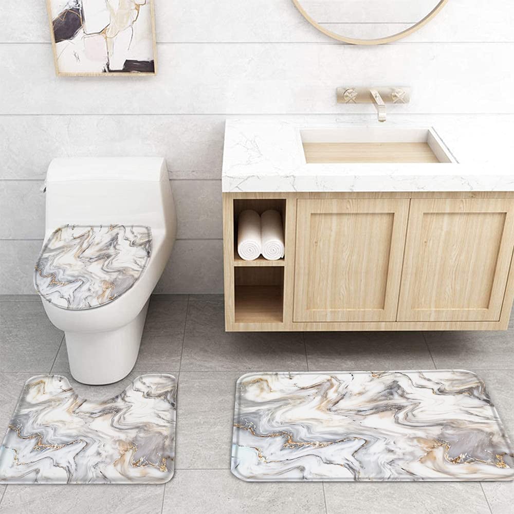 Set Bagno 4 Pezzi Tenda Doccia Marmo Astratto Con Tappeti E Copriwater, Lusso Colorato Con Ganci, 72x72 Pollici