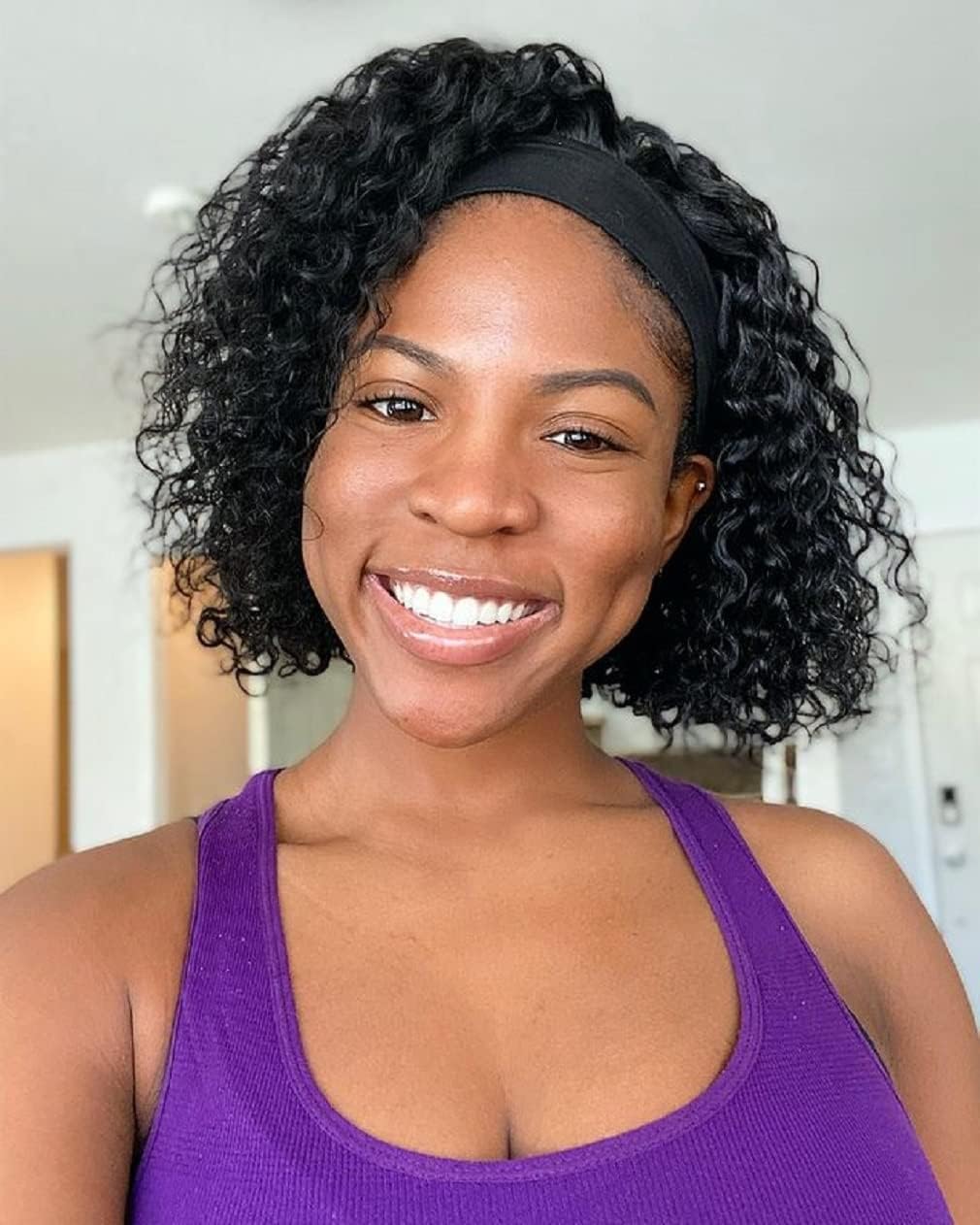 Headband Wig Human Hair Kinky Curly 14 Inch Glueless Headband Wig Remy Curly None Lace Front Wigs Human Hair for Black Women 180% Density Briazilian Afro Half Wig Natural Color