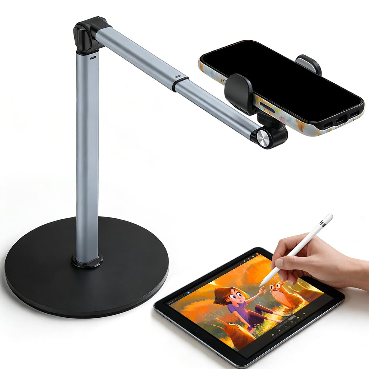 Supporto da Tavolo per Telefono Cellulare Supporto per Telefono con Braccio Telescopico e Rotazione di 360° PortaCellulare per Video con Robusta Base per Riprese Fotografiche Piatte Livestream
