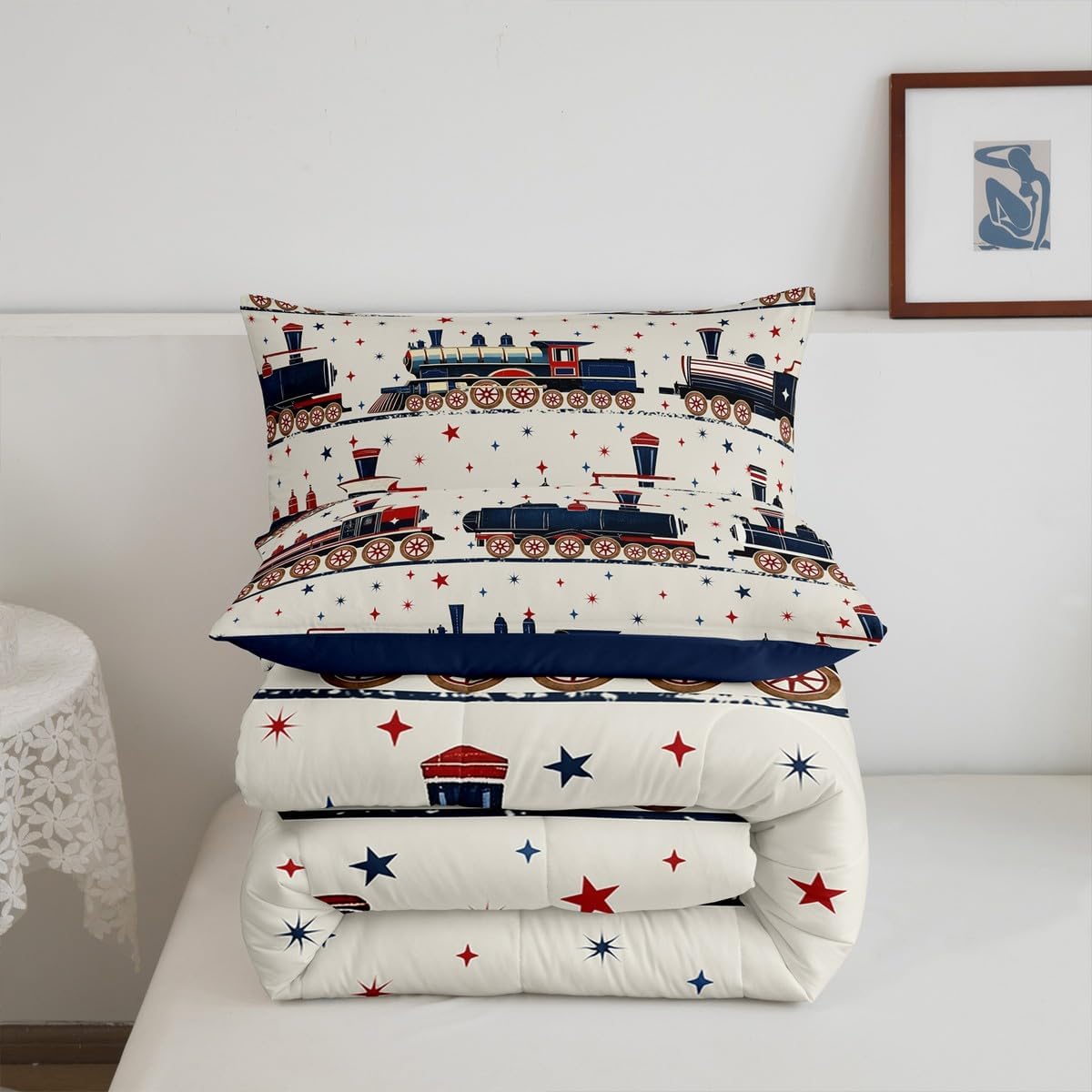 Erosebridal Vintage Steam Train Bedding, Cartoon Classic Railway Retro Twin Comforter Set, Gifts for Kids Girls Boys Travel Locomotive Train Bedding Sets Galaxy Stars Decorations Duvet Set