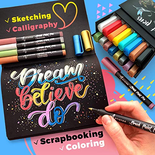 16 Acrylic Paint Pens Brush Tip And Watercolor Paint Set, 48 Vivid Colors In Tin Box, Bundle For Adults And Kids, Art Supplies For Beginners And Professional Artist #TOP3