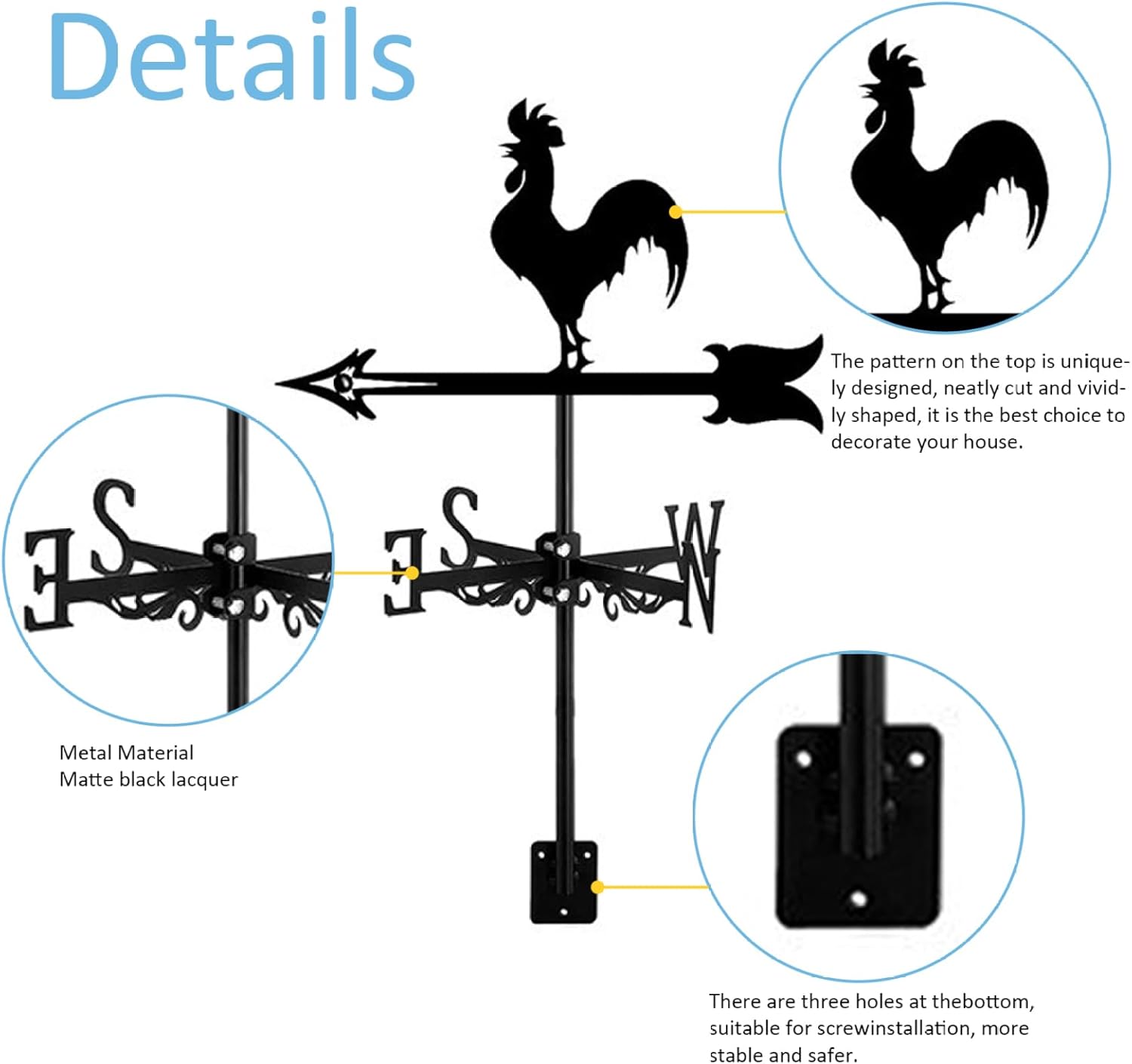 Wind Indicator, Weather Vane Roof Mount Animal Shape Weathervane Iron Decorative Wind Vane 13x22inch Wind Direction Indicator for Yard Garden Farm, Rooster
