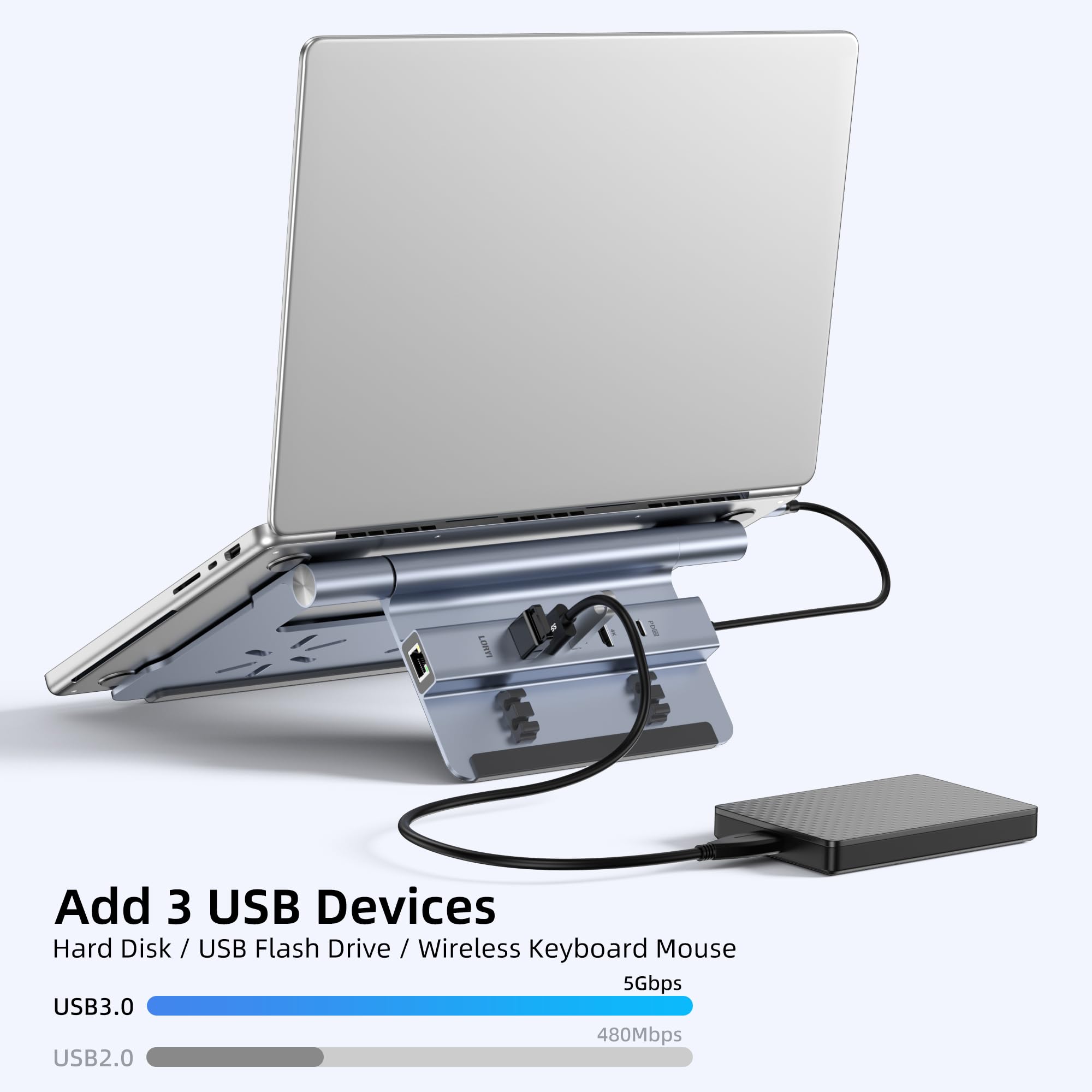 Station d'accueil pour ordinateur portable pour bureau, hub USB C 6 en 1, HDMI 4K60Hz, PD 100 W, 3 concentrateurs USB 3.0, Gigabit Ethernet, support réglable en aluminium pour MacBook Air/Pro/Surface