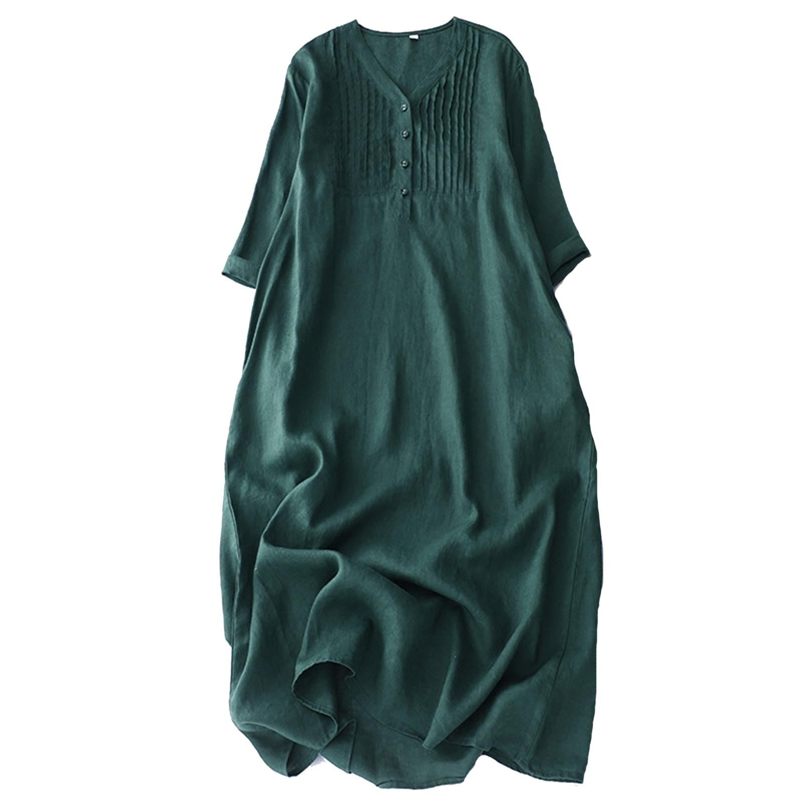HGps8w Baggy Pleated Linen Maxi Dress for Women Casual Summer 3/4 Sleeve Loose Button V Neck Vacation Dresses
