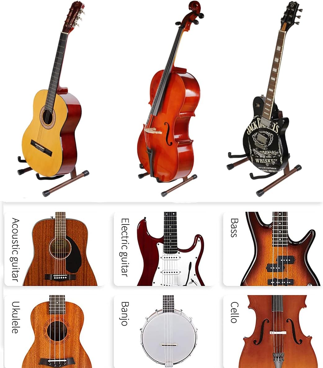 KingPoint Guitar Stand, Guitar Floor Stand, Acoustic Electric Wooden A Frame Folding Guitar Holder Adjustable for Bass, Cello, Mandolin, Banjo, Ukulele (Black Walnut)