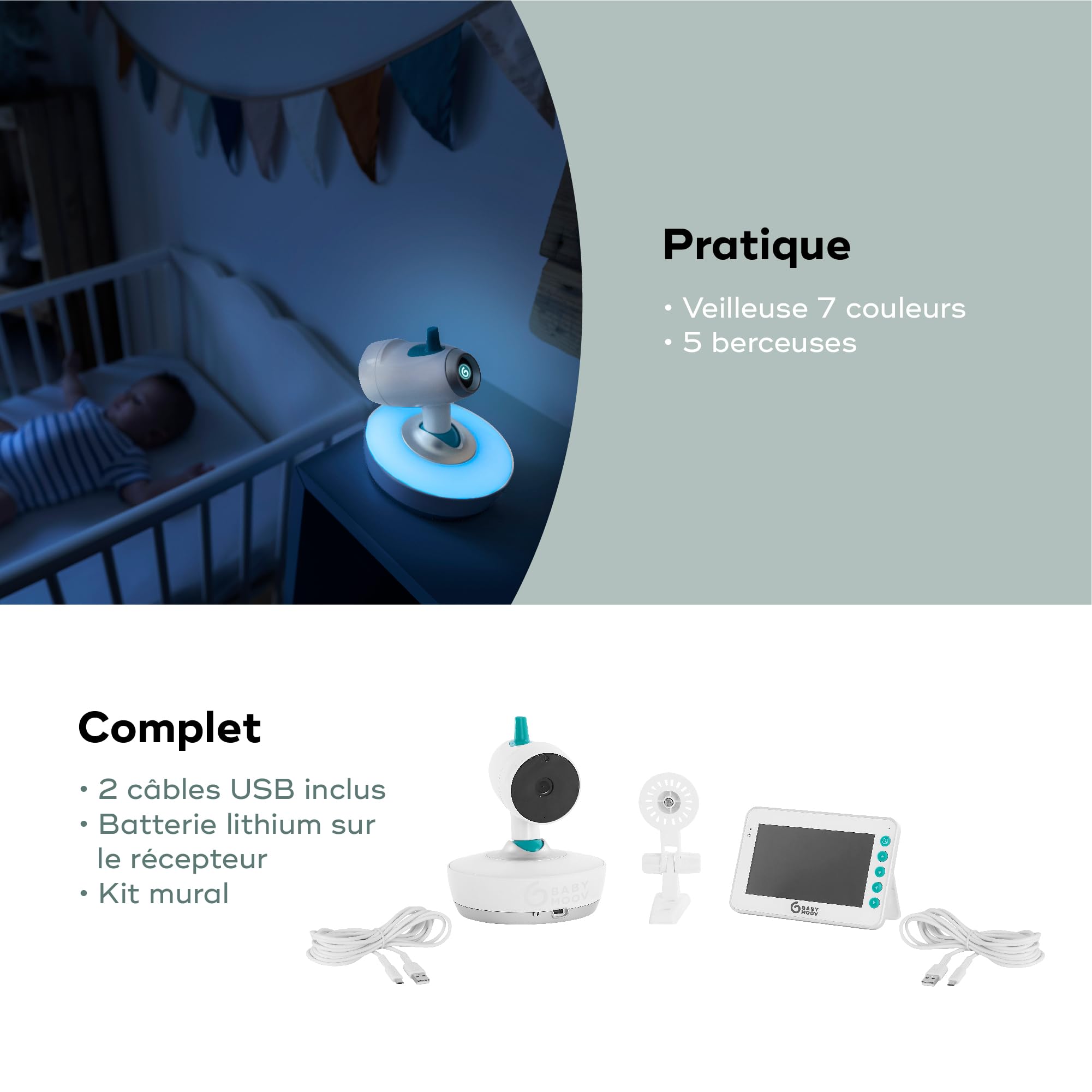 Babymoov Babyphone Vidéo Yoo Moov, Motorisé, Vue à 360°, Portée 300m, Grand Ecran 4,3'', Capteur de température + Son Chargeur Secteur USB, Mural, Port Universel
