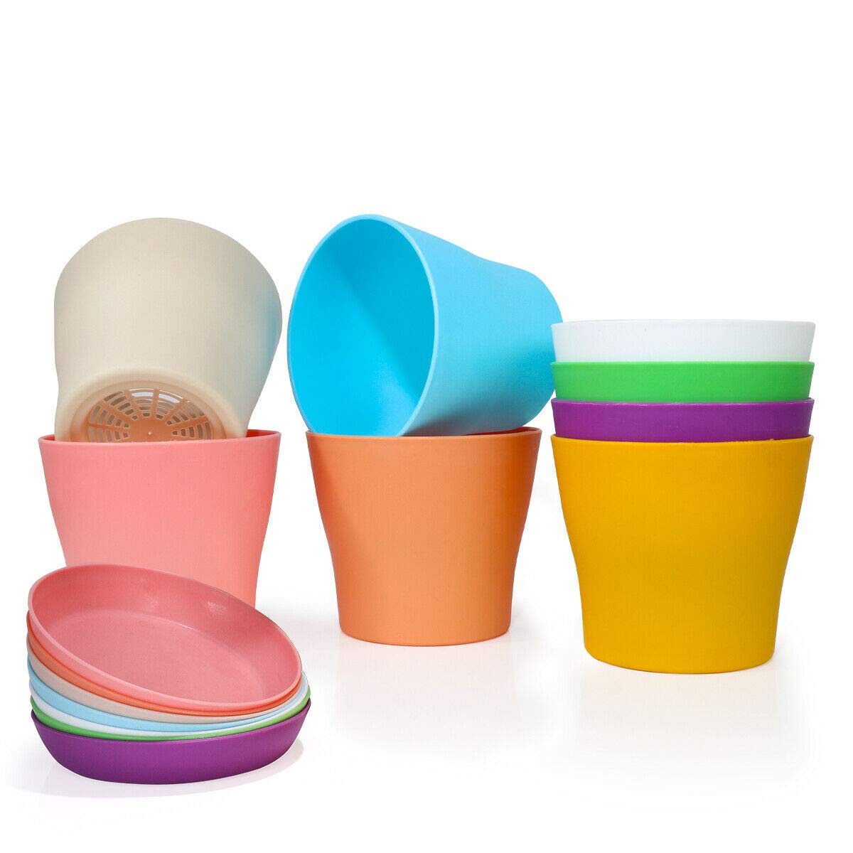 Pots de fleurs d'intérieur en plastique avec drainage et soucoupe (Lot de 8)