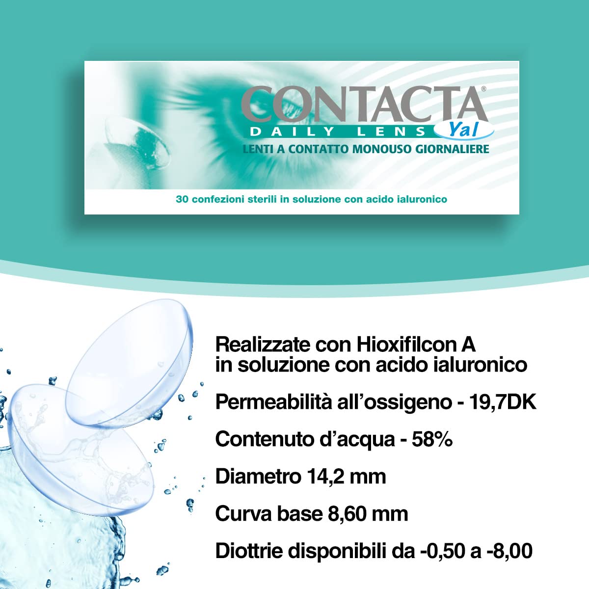 Contacta, Daily Lens Yal 30, Lenti a Contatto Giornaliere per Miopia, Lenti a Contatto con Acido Ialuronico Sicure e Facili da Applicare, Diottrie -3,75, Confezione da 30 Lenti Monouso