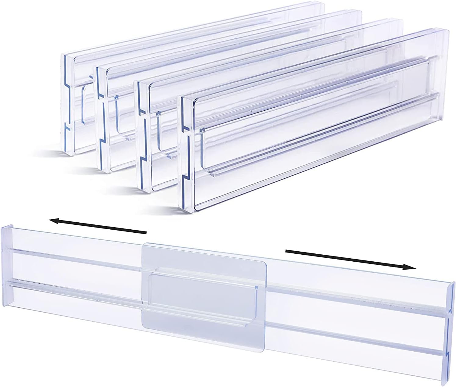 Oter Drawer Dividers Organizers 4 Pack,Adjustable 8cm High Expandable from 27.5-52cm Kitchen Drawer Organizer, Clear Plastic Drawers Separators for Clothing, Kitchen Utensils and Office Storage