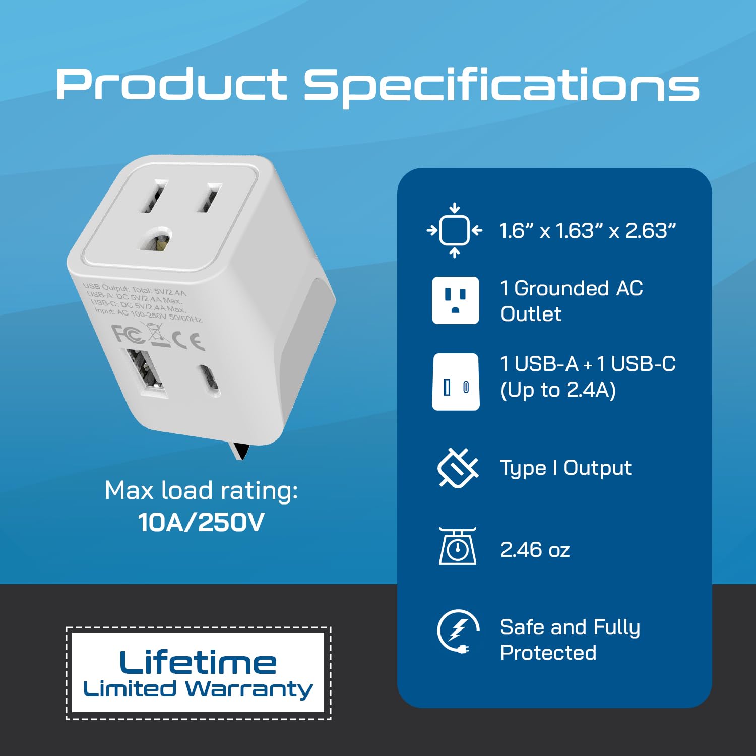 Ceptics USA au Japon, Philippines Adaptateur de Voyage Prise avec Double USB – Type A – Ultra Compact