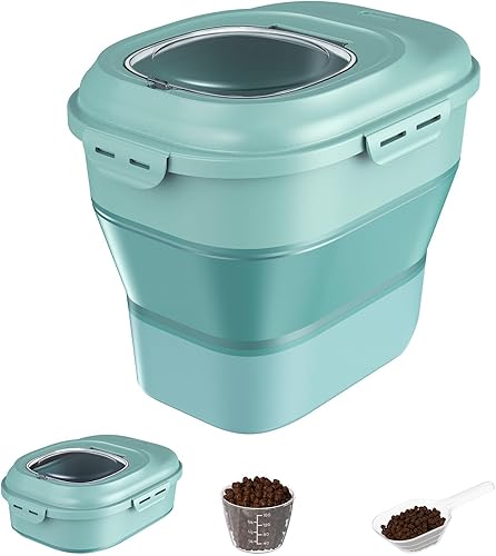 HBlife Recipiente hermético plegable para almacenamiento de alimentos para mascotas, dispensador de arroz de 30 libras con rueda rodante medidora y