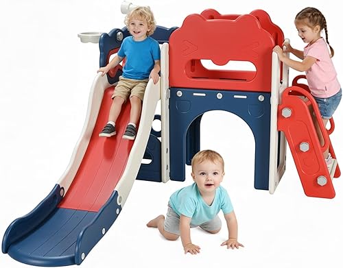 Arlopu Juego de toboganes 8 en 1 para niños, tobogán de bebé para interiores y exteriores con aro de baloncesto, telescopio y espacio de