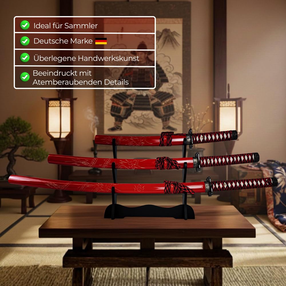 Handgeschmiedetes Samurai Schwert Set Rot (3-teilig) | Katana, Wakizashi & Tanto aus 1050 Kohlenstoffstahl | Inkl. Ständer & Pflegeset | Traditionelles Daisho für Sammler