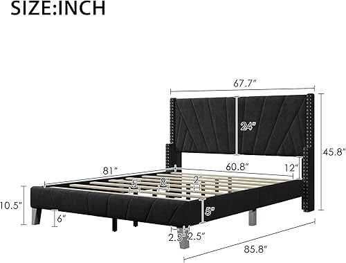 Miniatura 2 de Anwickmak Marco de cama tapizado de terciopelo contemporáneo con ribete de canal y ribete de clavo no necesita somier negro Queen estándar de