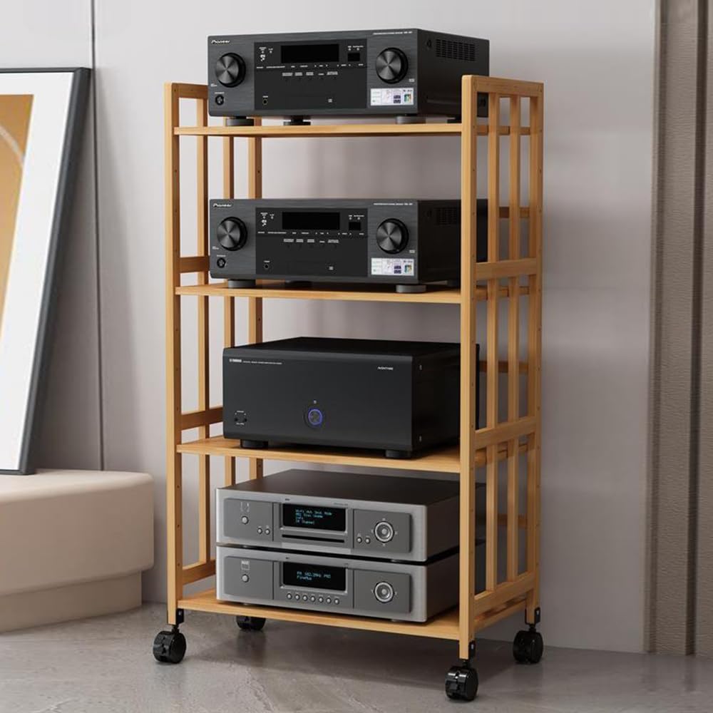 Supporto per supporti AV in legno regolabile a 4 livelli, armadio a torre audio per soggiorno e sala giochi. Ripiani di archiviazione multimediali versatili per console per videogiochi e sistemi di