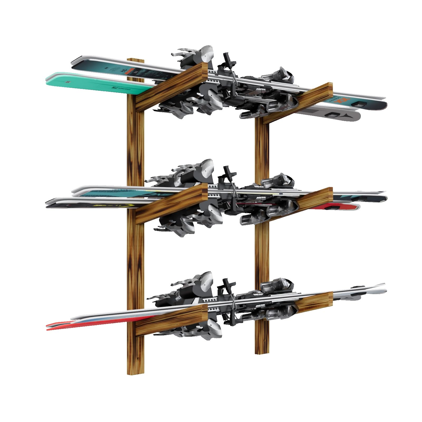 QLS Supporto da parete in legno di pino per 3 paia di skateboard, snowboard e sci, mensola da parete, salvaspazio, larghezza regolabile, stabile, 100 x 5 x 29,5 cm