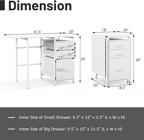 Miniatura 3 de Giantex Escritorio plegable blanco para espacio pequeño, escritorio de oficina en casa rodante con 3 cajones y ruedas universales con cerradura,