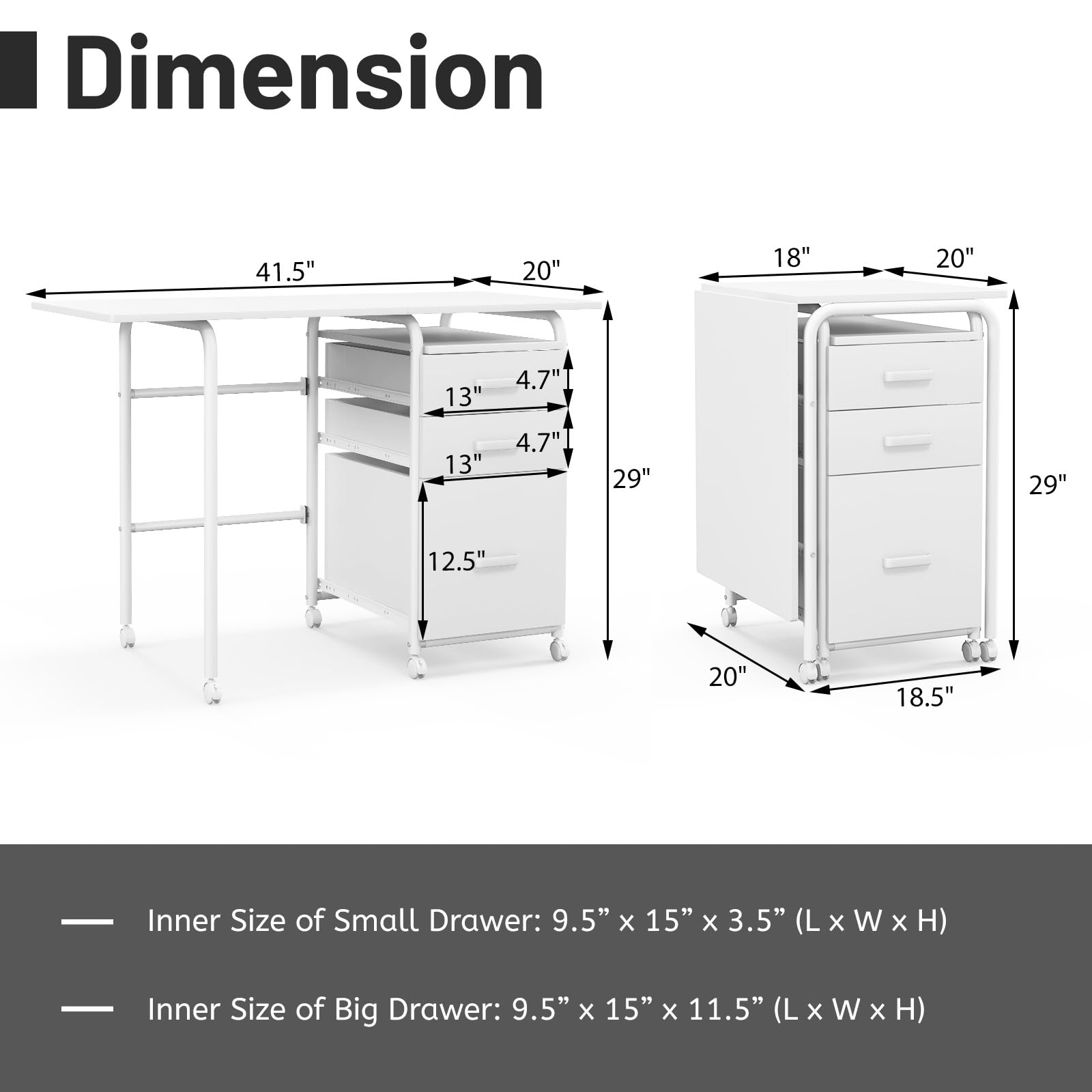 GIANTEX Escritorio de Ordenador Plegable con 3 Cajones de Almacenamiento, Mesa de Marco Metálico con Ruedas con Cerradura 360°, Mesa Auxiliar para Salón, Dormitorio (Blanco)