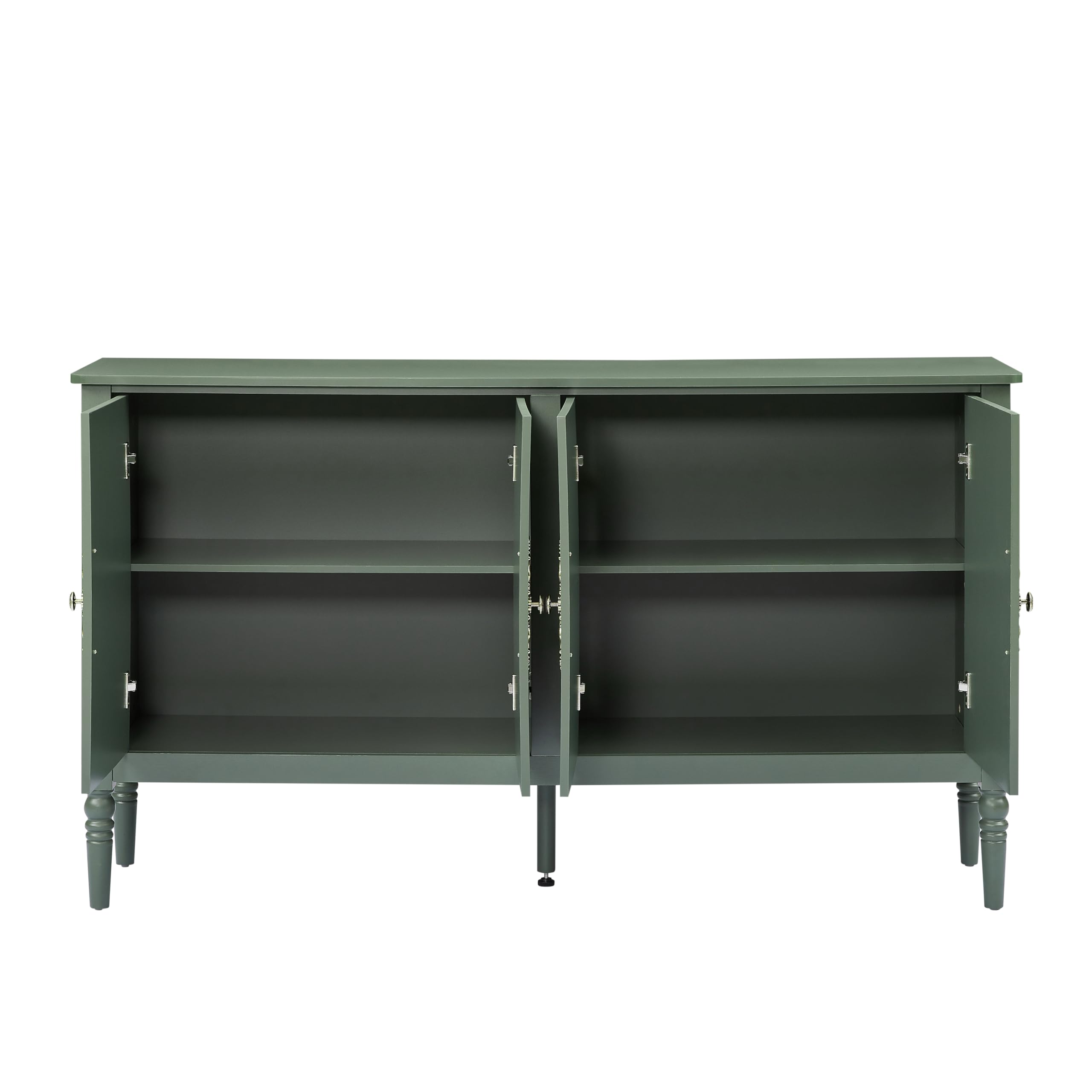 Komoda w stylu vintage z rzeźbieniem reliefowym, zielona, 160 cm – drzwi 3D, zaokrąglone narożniki, mosiężne uchwyty, szafka do przechowywania do salonu, jadalni, przedpokoju