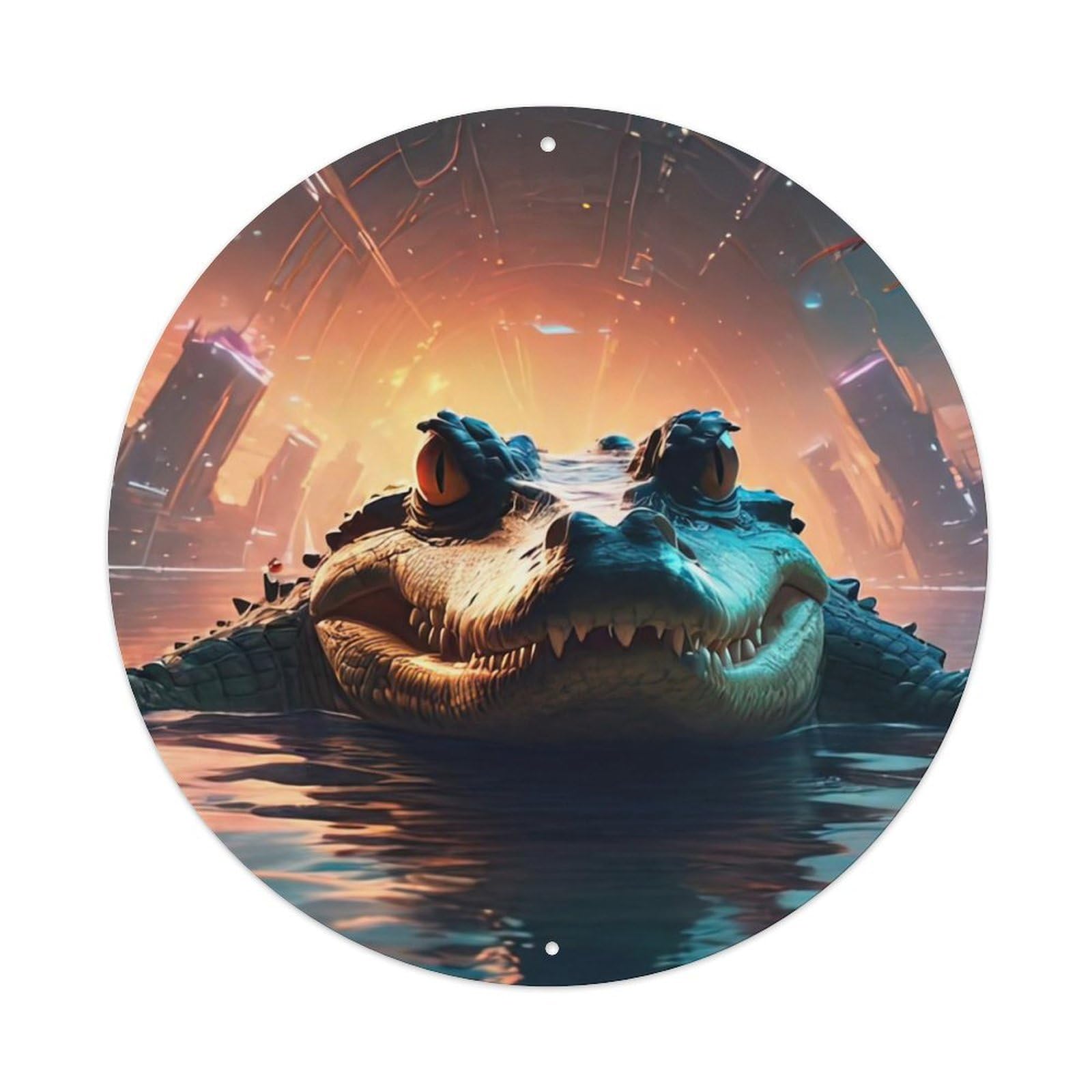Animal Artwork Groups of Crocodiles And Crabs Vintage Metal Tin Sign Plaque Wall Decor for Cafe, Club, Garden Round Metal Poster 8x8Inch