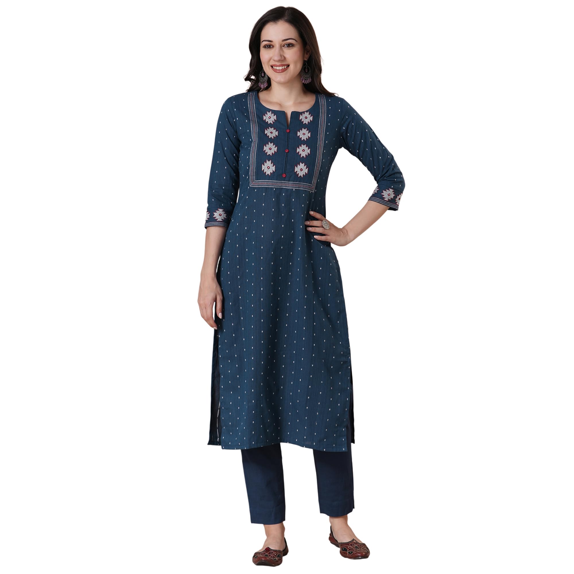 Women Printed Straight Kurta with Embroidered Yoke and 3/4 Sleeves.-image-38