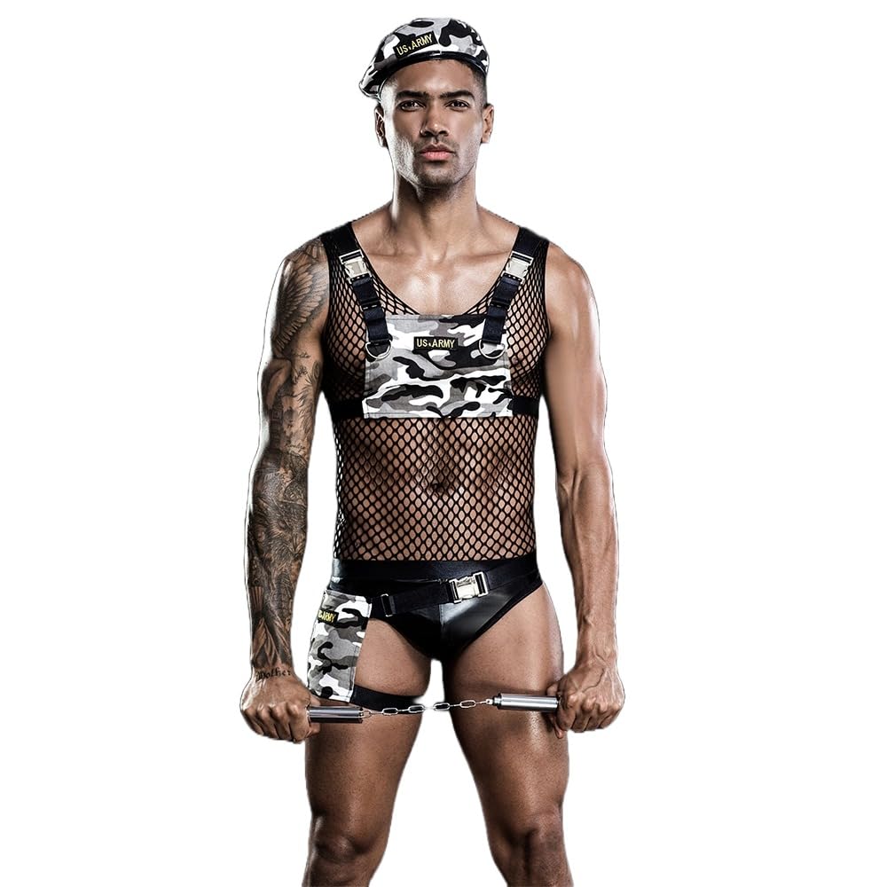 ssoshhub Men Army Boy Uncle Bodysuit Lingerie Set Teddy Strap Babydoll with Hat, Leg Strap, Tops, Body Suit, Shorts Panty for Men Daddy-picture-13