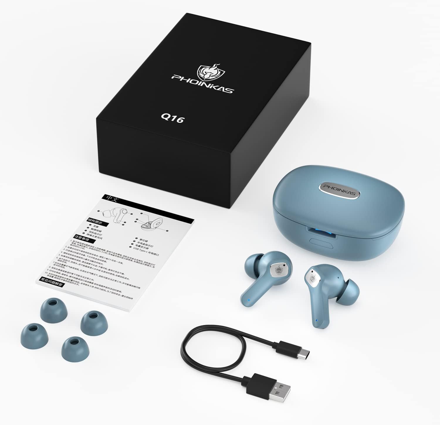 Contents of PHOINIKAS Q16 Wireless Earbuds package