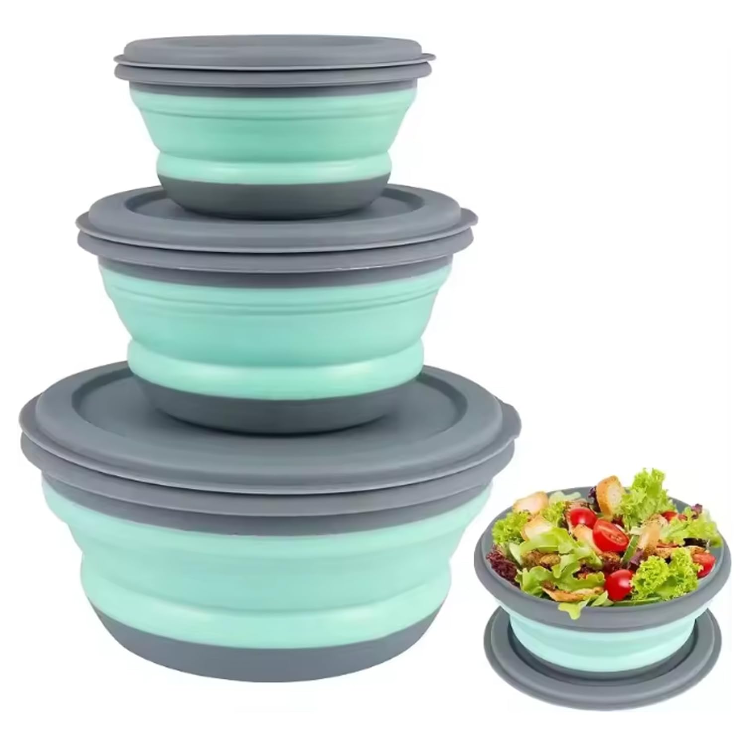 Faltschüssel Camping Geschirr Zubehör Küche - Campinggeschirr mit Deckel, 3Pcs Camping Faltbare Schüssel, Tragbare salatschüssel Frischhalteboxen Runden Frischhaltedose für Picknick Wandern Küche