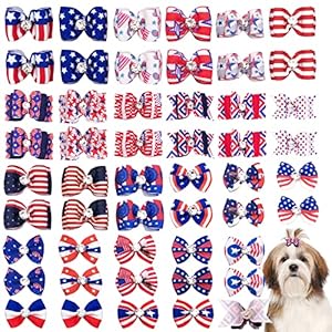 50pcs25pairs 4th of july dog hair bows with rubber band bulk for small medium puppy doggy poddle yorkies shitzu topknots bowknot elastic for patriotic independence day grooming accessories   cucciolini doodles