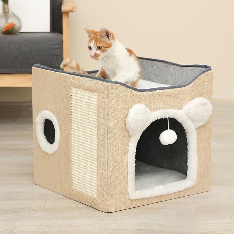 wenichee キャットハウス 多頭用 猫ハウス 2段 猫の遊び場 キャットハウス 爪とぎ付き 猫用 キャットタワー 折り畳み 省スペース ペット用ハウス 猫ちゃんが大喜び ペットベッド おしゃれで実用 組立簡単 ストレス解消 (カーキ, 2段式-B)