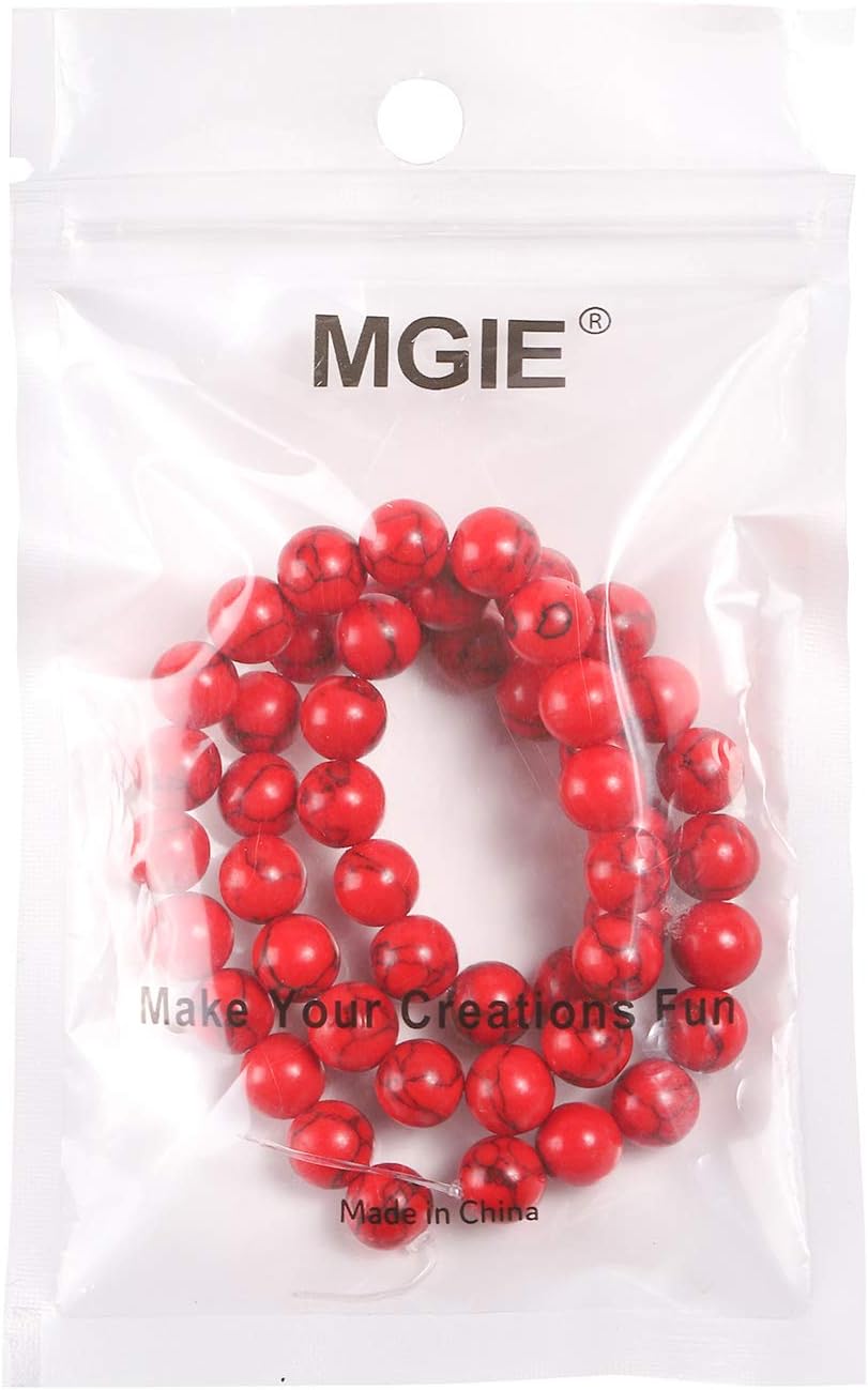 MGIE Loose Round Smooth Semi-Precious Synthetic Red Turquise Stone Gemstone Beads for DIY Jewelry Making Full Strand 8mm 15.5" (Approx 45pcs) Red Turquoise 8mm