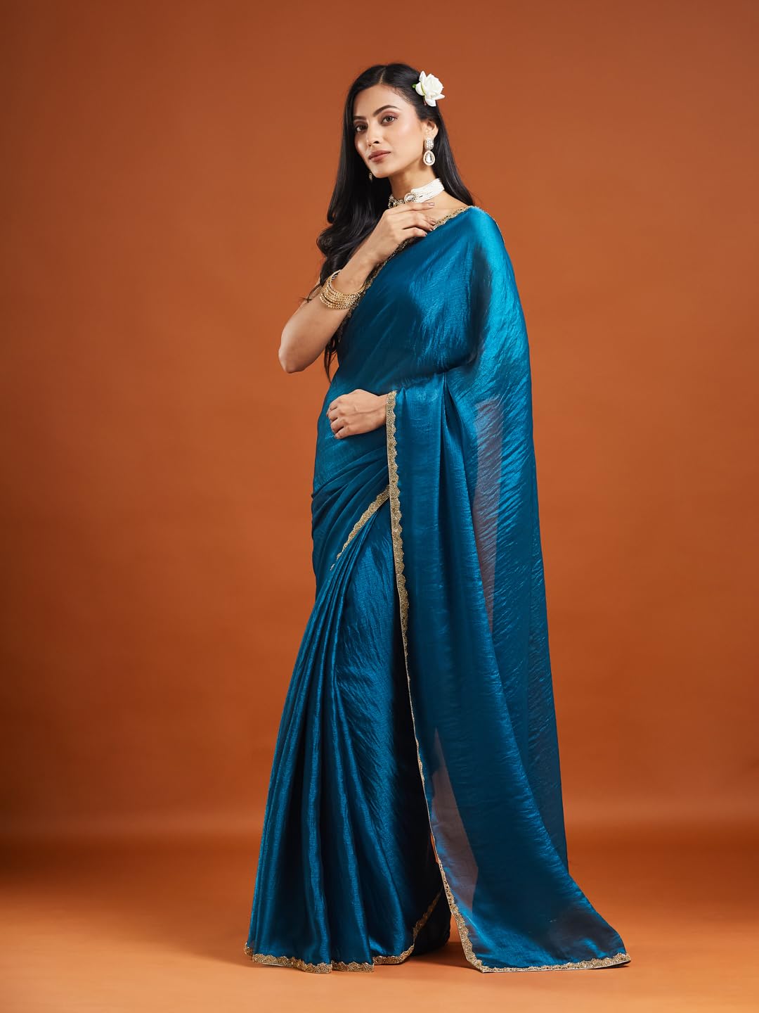 LOROFY Women's Two Tone Fendy Chiffon Saree (Rama) - Image 4 thumbnail