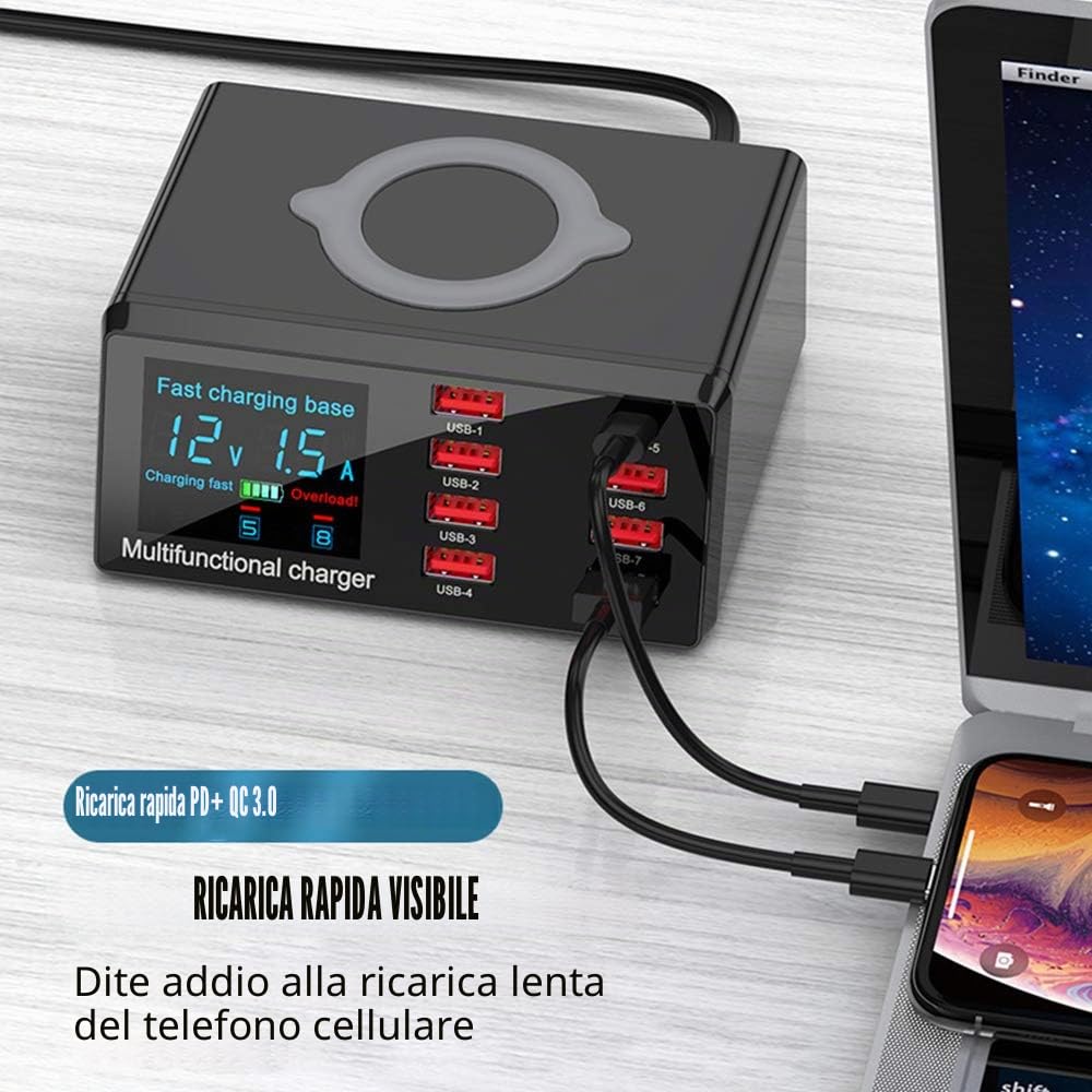 Caricatore Wireless Stazione Ricarica USB Multipla 100W 8 Porte Base di Ricarica LCD Schermo USB Docking Station con Una QC 3.0 e Un 18W PD Caricatore USB per iPhone iPad Samsung Huawei