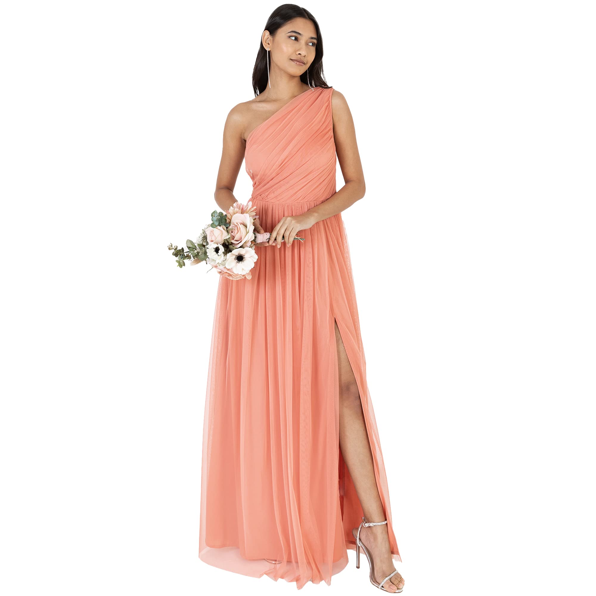 Anaya with Love Damen Womens Ladies Maxi One Cold Shoulder Dress with Slit Split Sleeveless Prom Wedding Guest Bridesmaid Ball Evening Gown Kleid, Coral Pink, 46