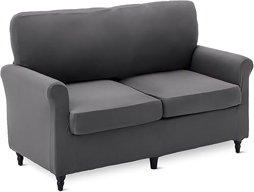 Miniatura 1 de Tienda Basics Funda elástica de elastano para sofá con parte inferior elástica, sofá de dos asientos, tamaño mediano, gris oscuro