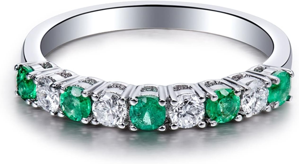 Engagement Ring 18K White Gold, Dainty Rings 0.31ct Round Emerald with 0.26ct Diamond Ring Promise Gift for Women