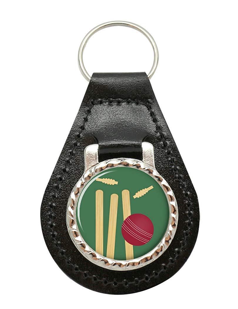 Giftshop Uk Unisex Black Leather And Silver Metal Bowled (Cricket) Leather Key Fob
