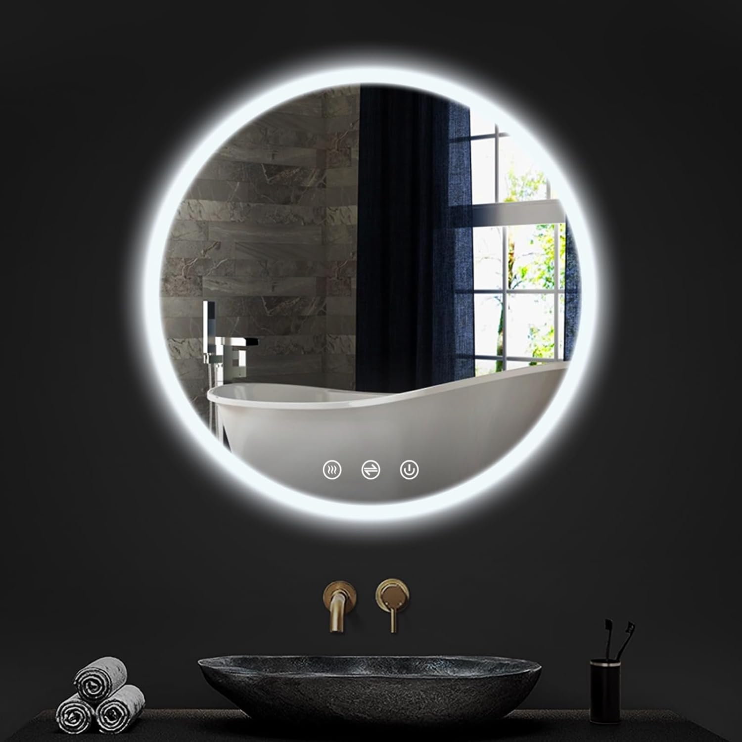 24 Inch Round LED Bathroom Mirror with Lights - Modern Frameless Wall Vanity Mirror with Stepless Dimming, Front+Backlight, Anti-Fog & Memory Function Smart Circle Mirror